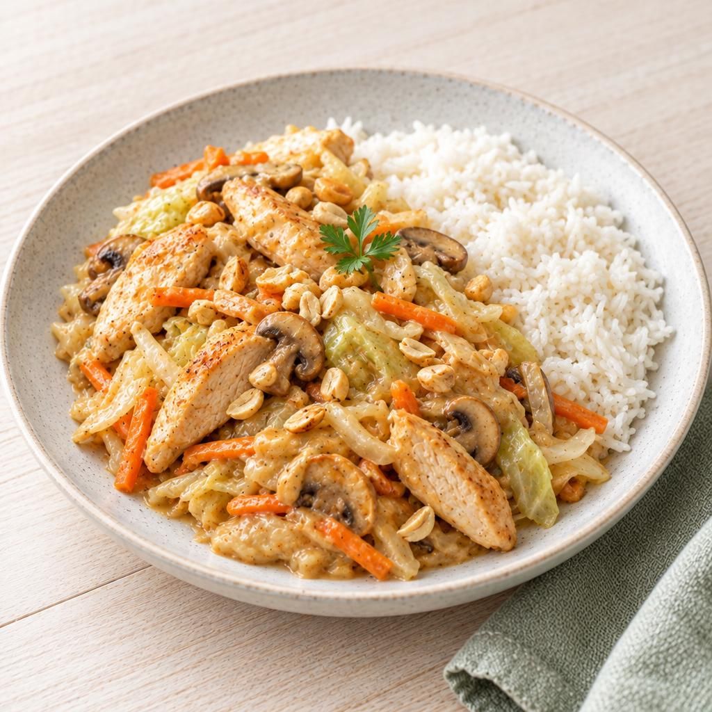 Hähnchen mit Kohl und Reis