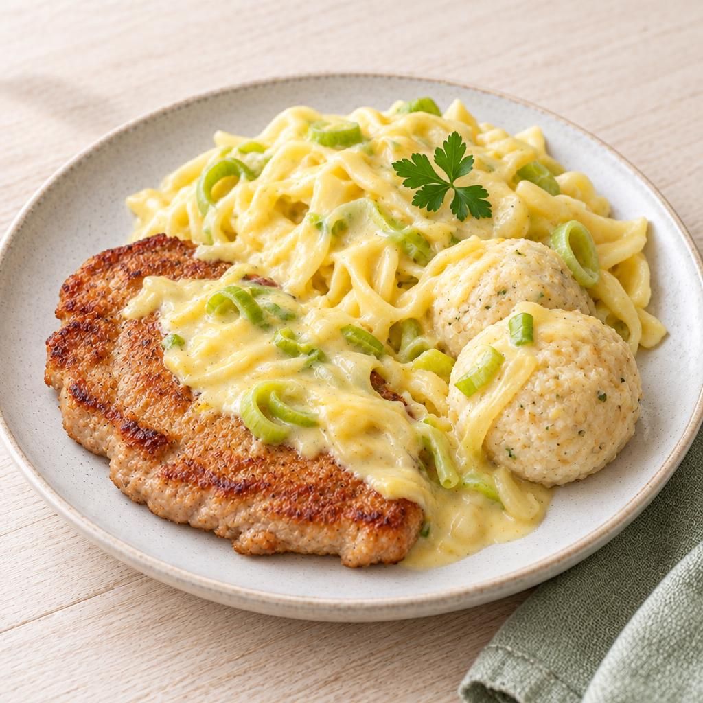 Nudeln und Klöße mit Käsesauce