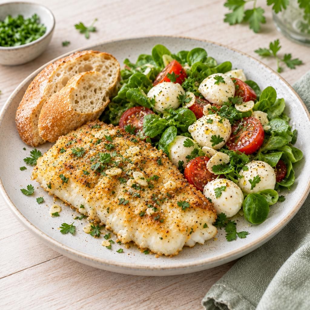 Seelachs an Mozzarella-Salat mit Baguette