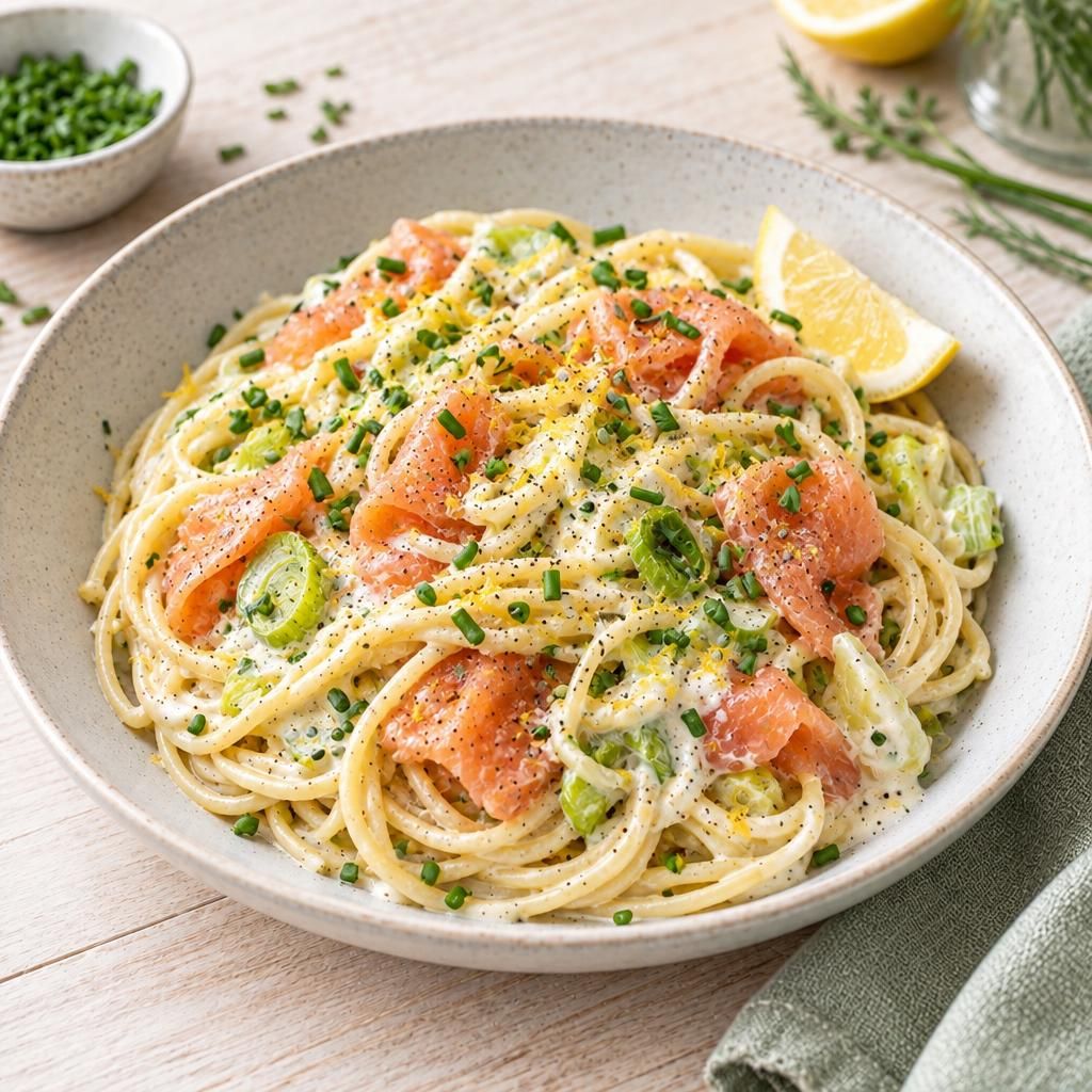 Spaghetti mit Lachs und Zitronen-Crème-fraîche