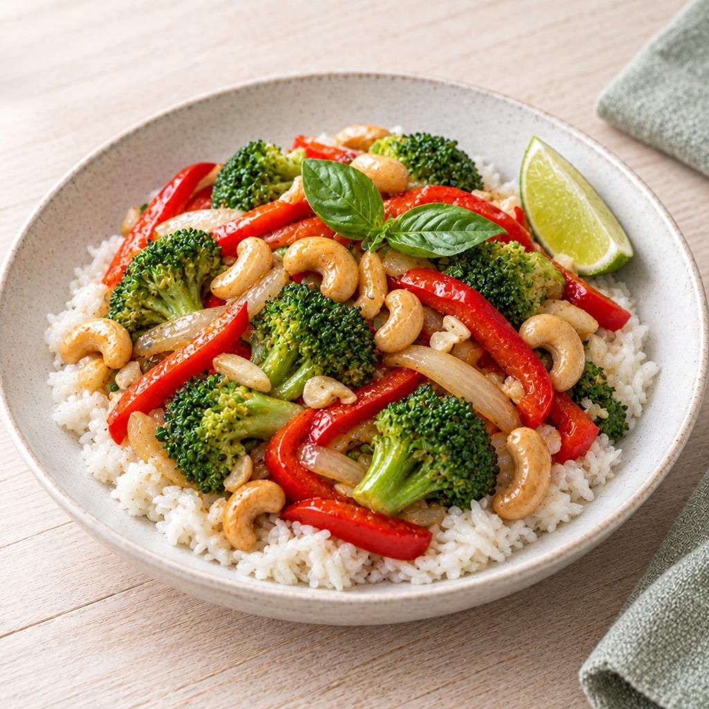 Reis mit buntem Gemüse und Cashews