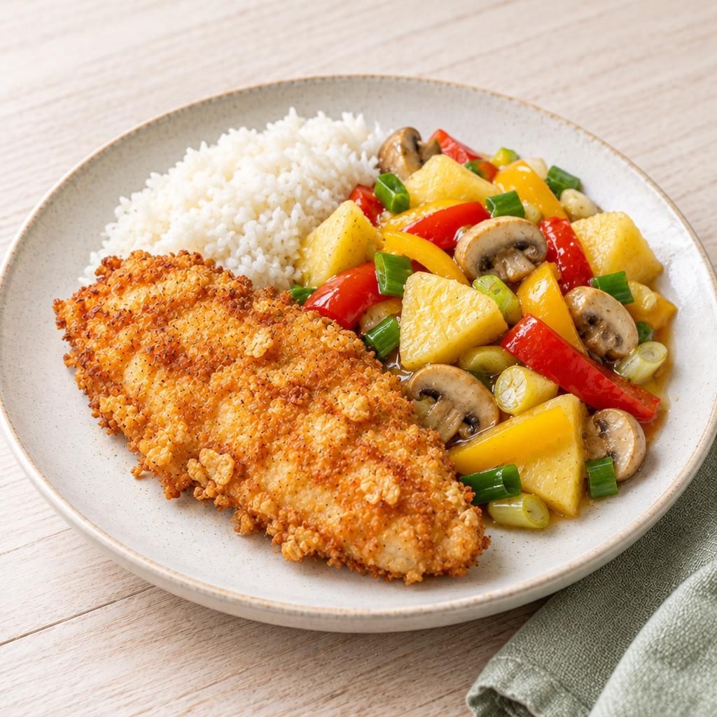 Knusperfisch mit Ananas-Gemüse und Reis