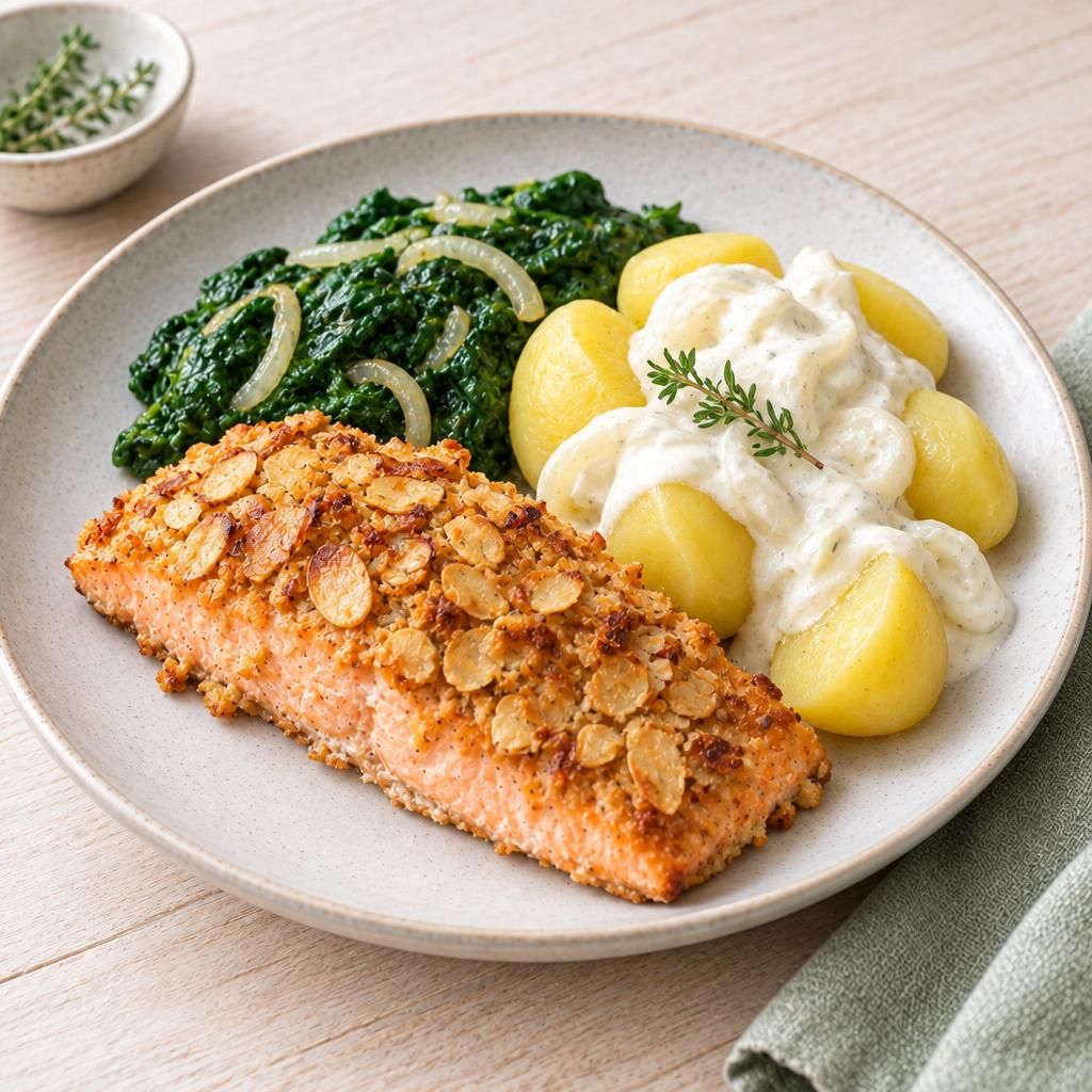 Lachs mit Mandelkruste und Salzkartoffeln