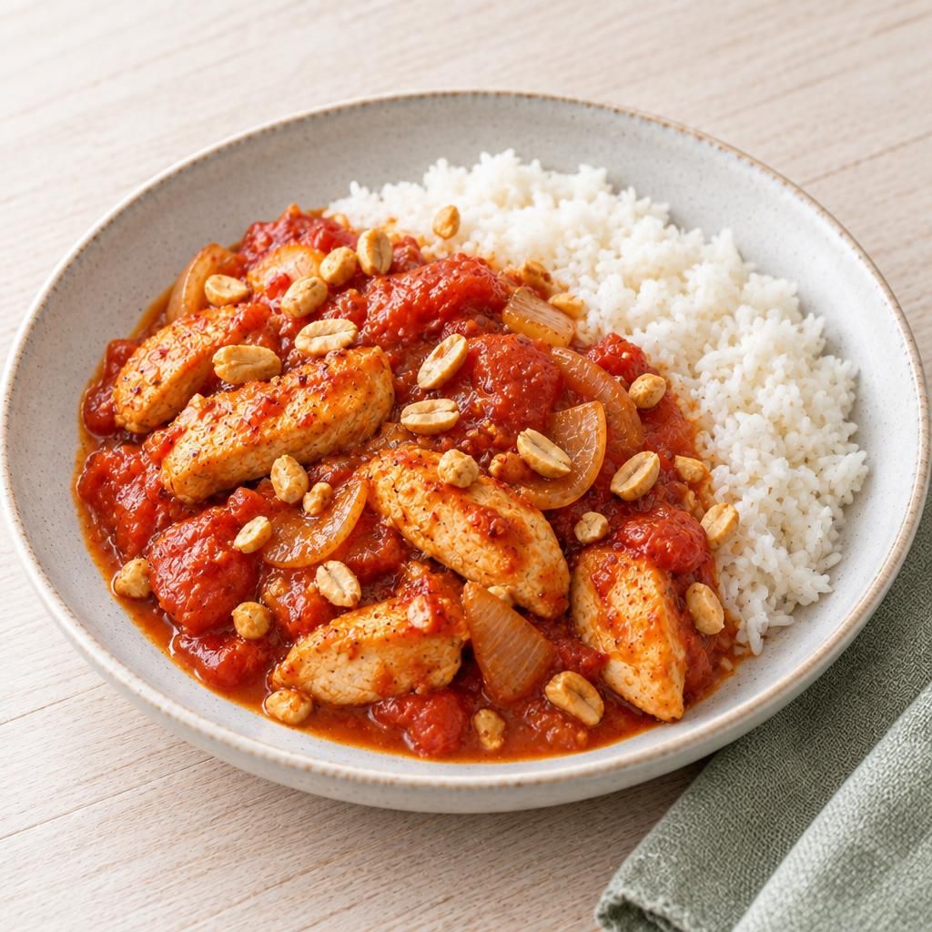 Hähnchen mit feuriger Tomatensauce und Reis