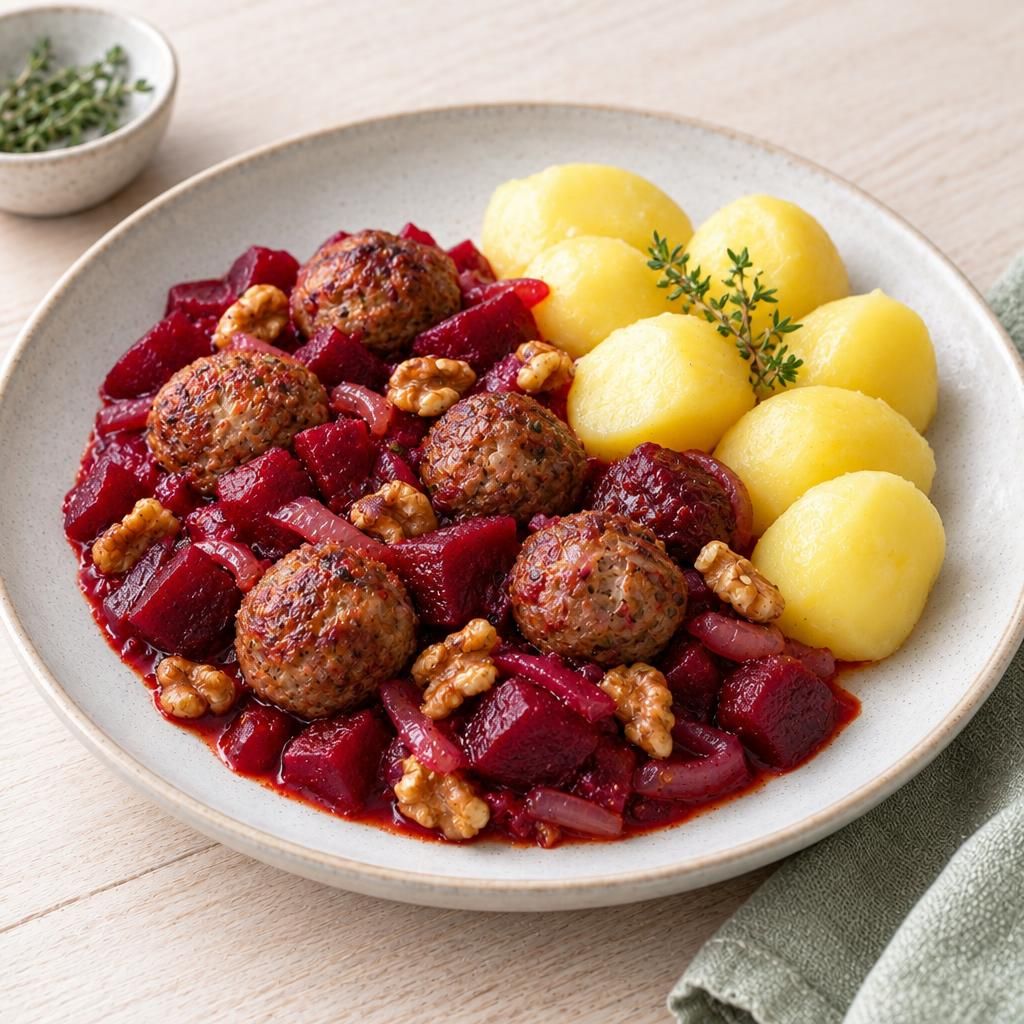 Rote-Bete-Gemüse mit Hackbällchen und Salzkartoffeln
