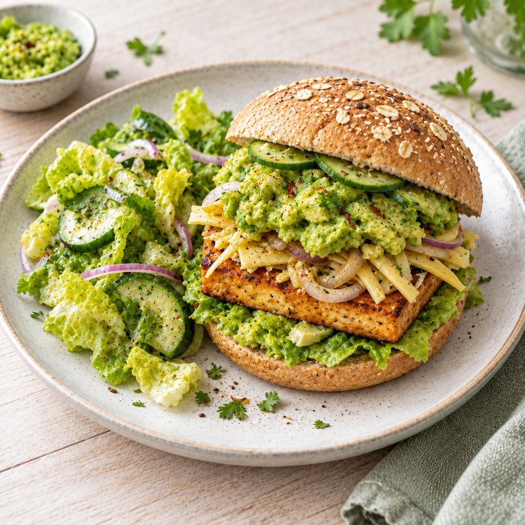 Veganer Tofu-Burger mit Avocado
