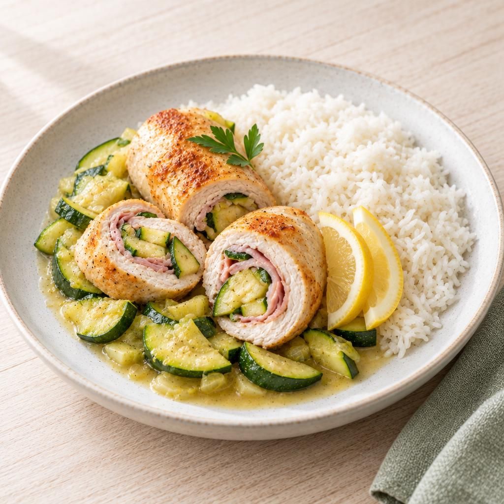 Putenröllchen mit Zucchini und Reis