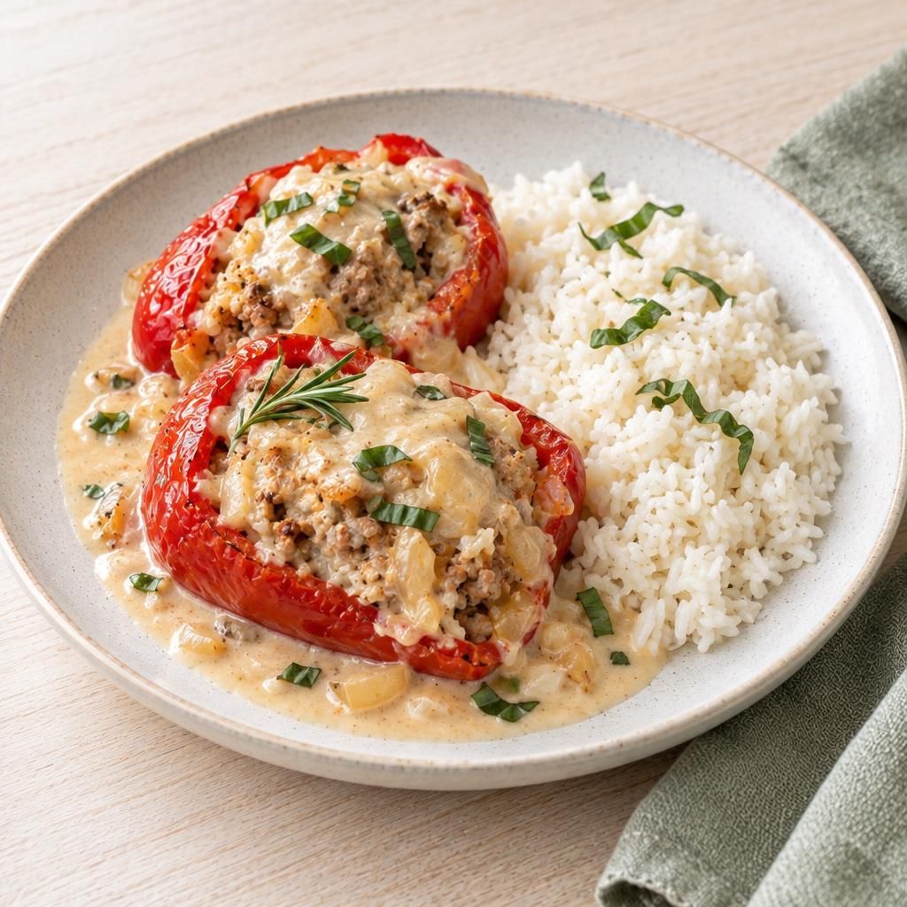 Gefüllte Paprika mit Weinsauce und Reis