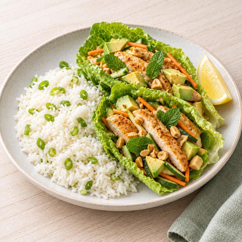 Hähnchen im Salatwrap mit Reis