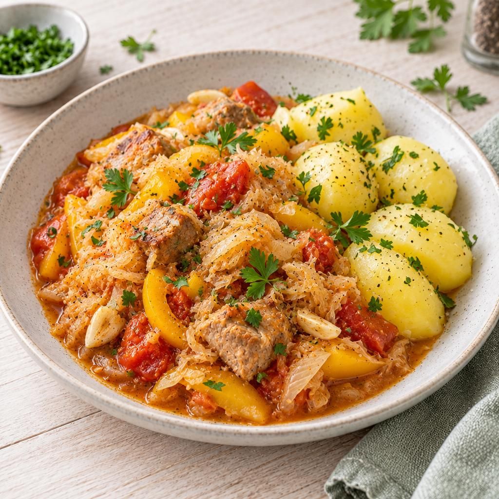 Ungarischer Sauerkrauteintopf mit Salzkartoffeln