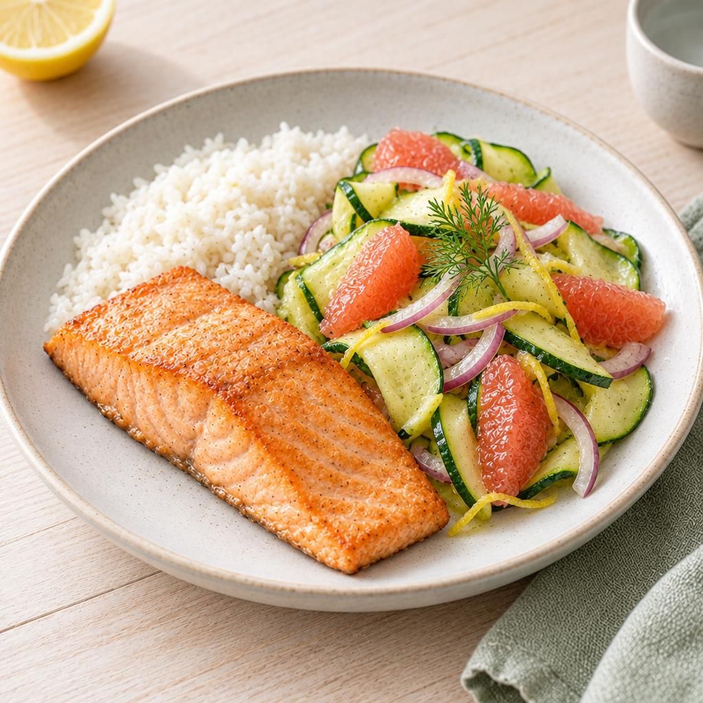 Lachs mit Zucchini-Grapefruit-Salat und Reis