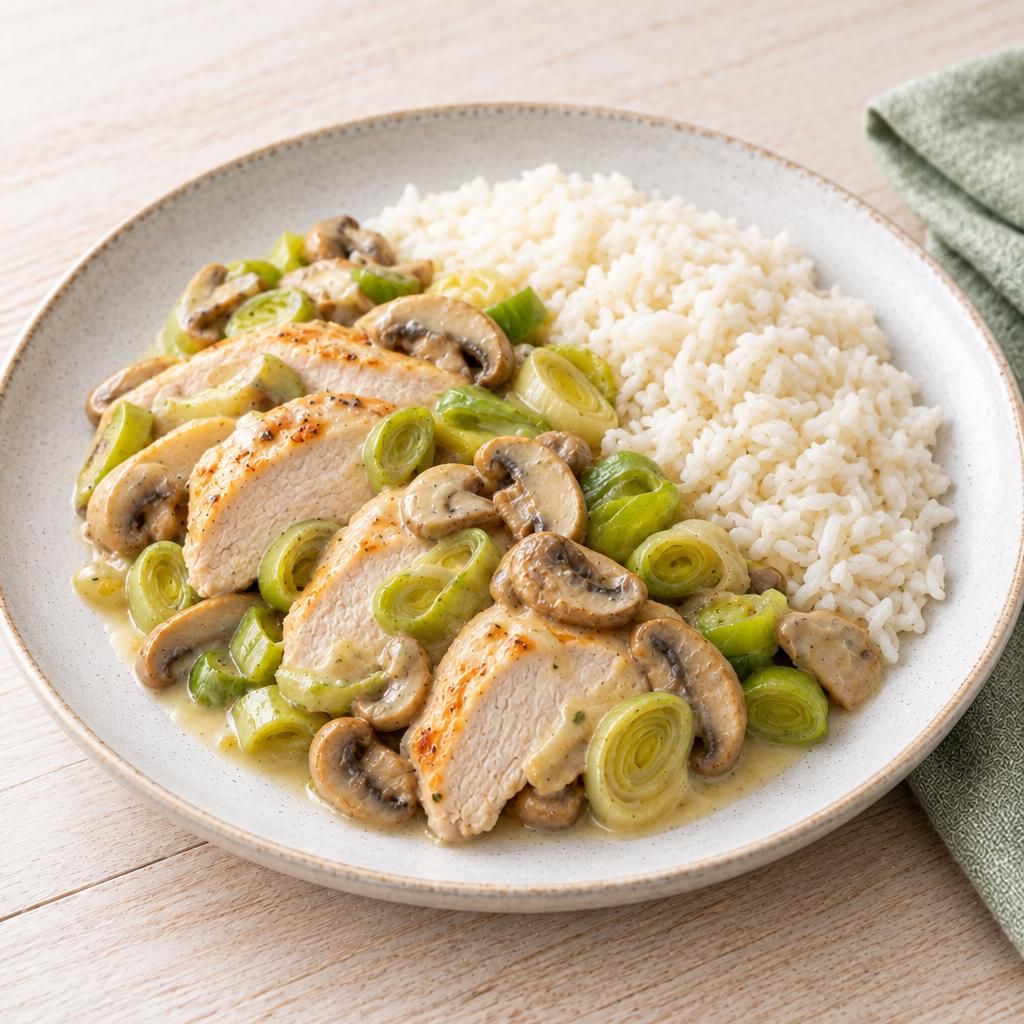 Putenfilet mit Pilzen und Lauch, dazu Reis