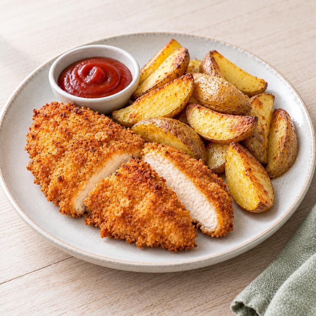 Knusper-Hähnchen aus dem Ofen mit Kartoffelspalten