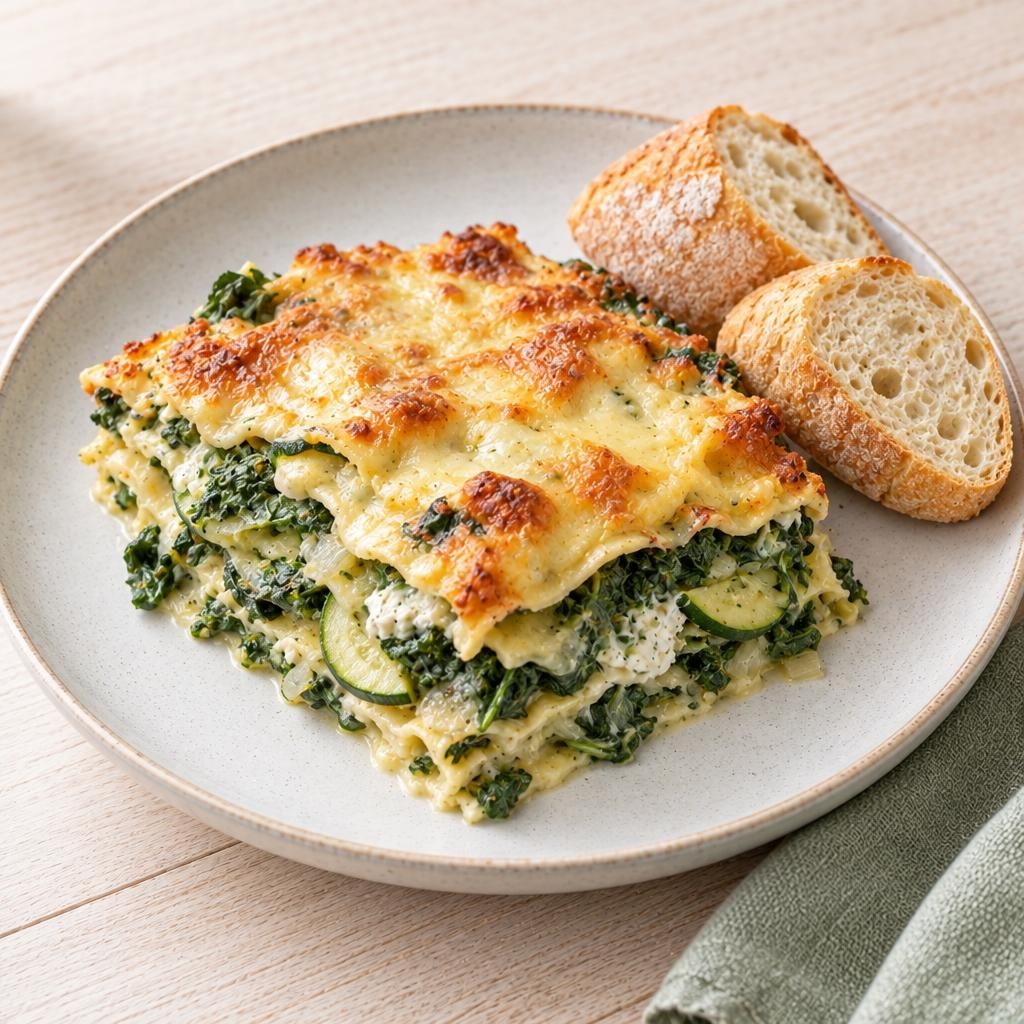 Lasagne mit Spinat und Baguette
