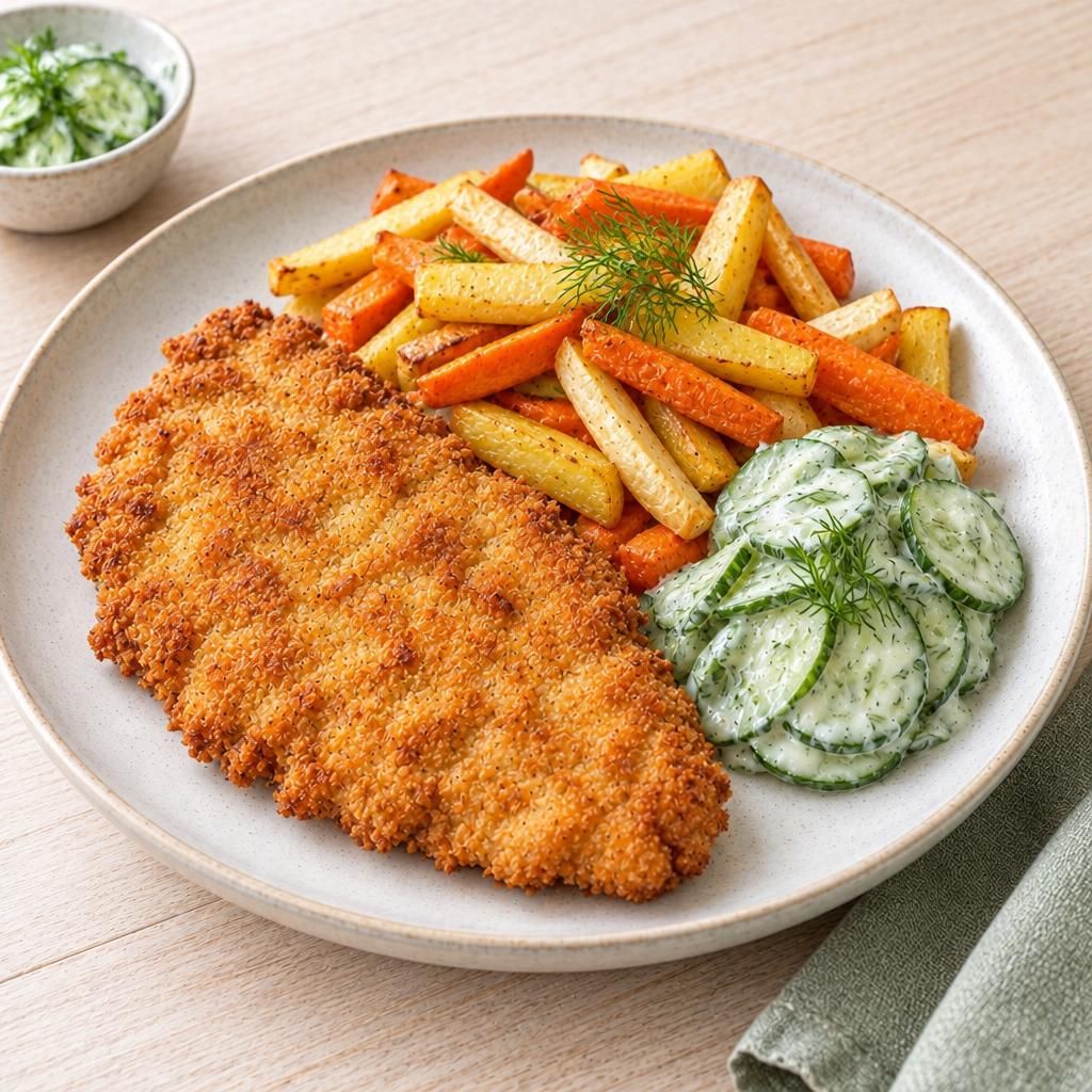 Schnitzel mit bunten Pommes