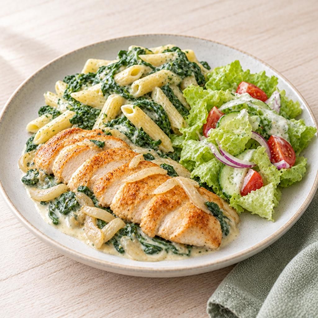 Hähnchen mit Spinat-Nudeln und Salat