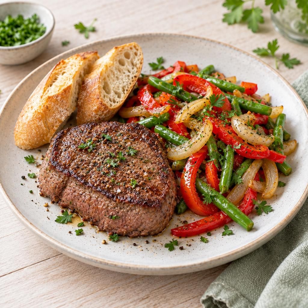 Steak mit Paprika-Bohnen-Gemüse und Baguette