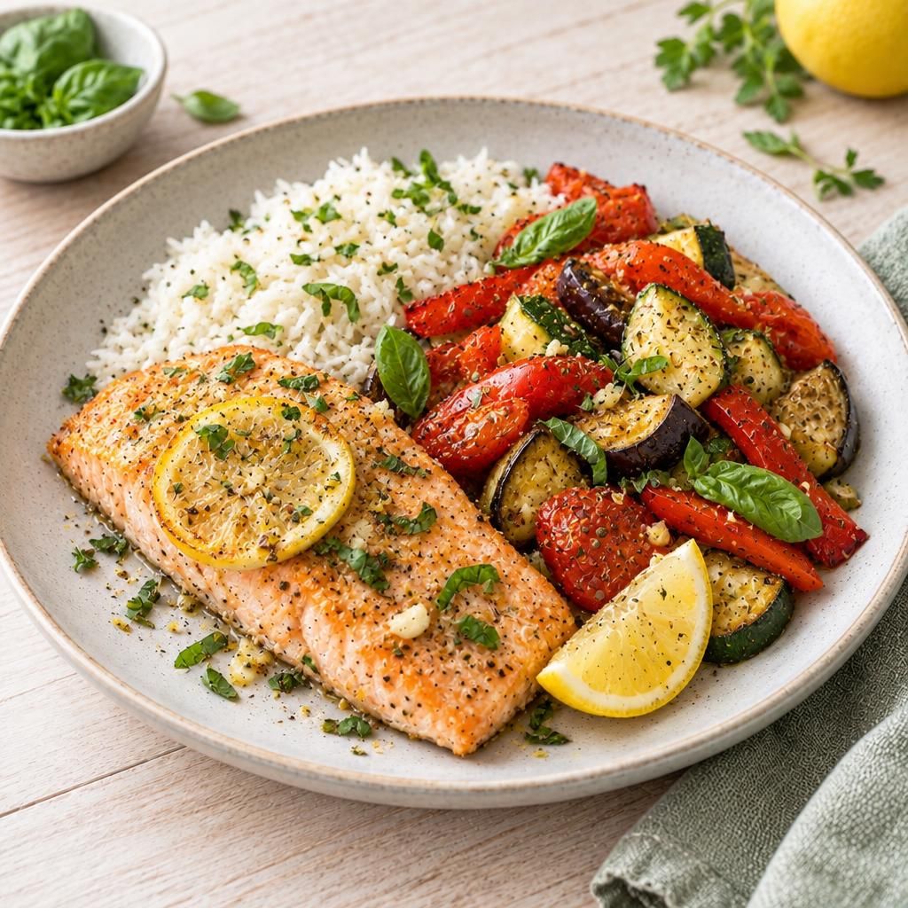 Zitronenlachs mit mediterranem Gemüse und Reis