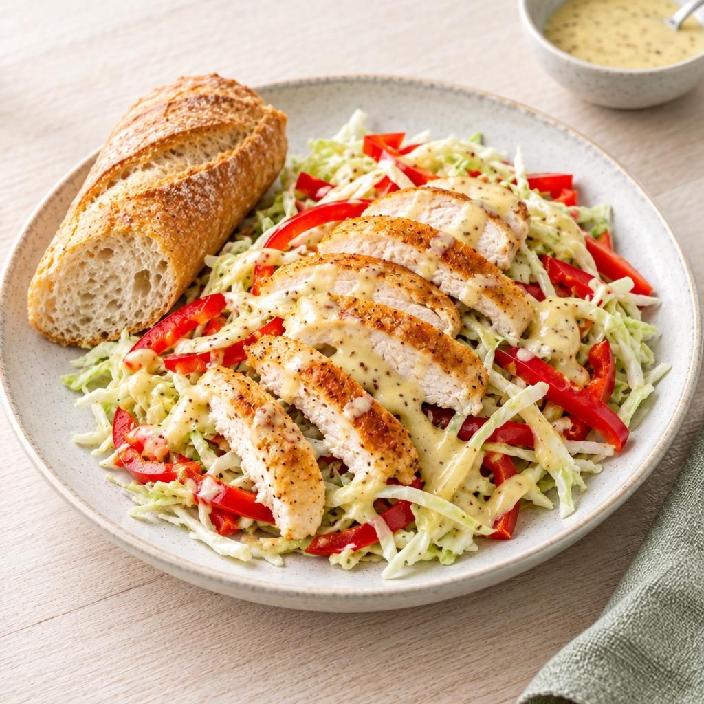 Salat mit Hähnchen und Honig-Senf-Dressing, dazu Baguette