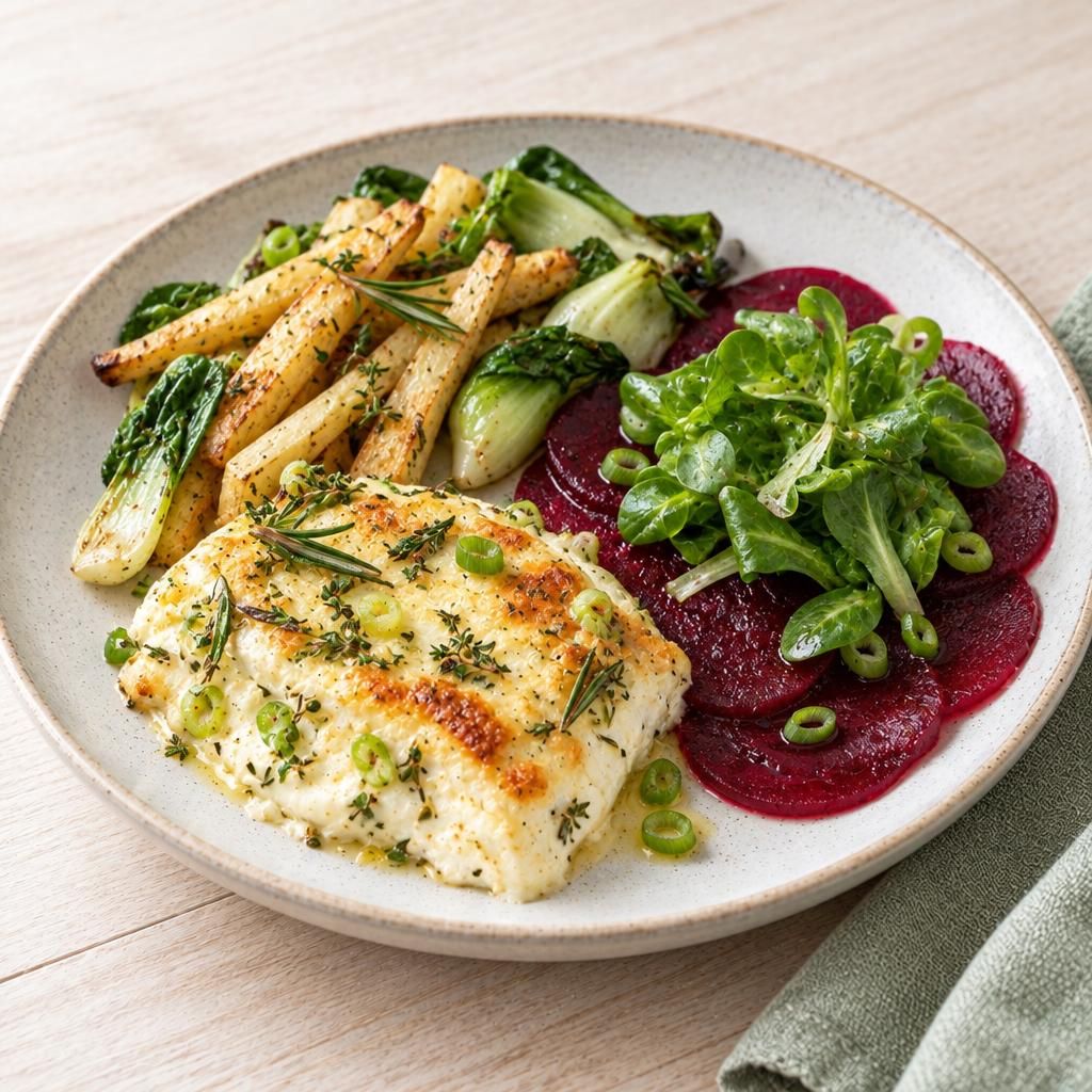 Ofen-Quäse mit Pastinaken-Pak-Choi und Rote-Bete-Carpaccio