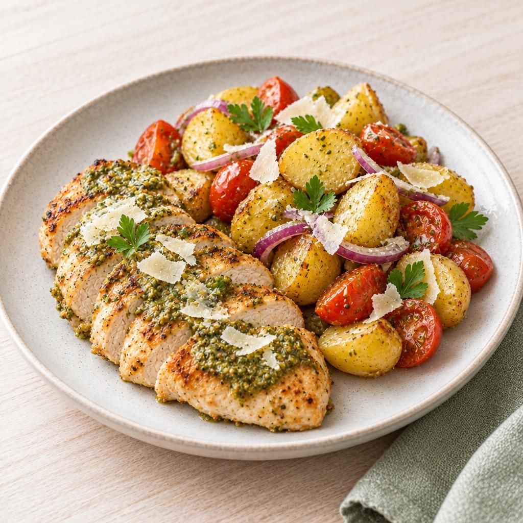 Pesto-Hähnchen mit Röstkartoffel-Tomaten-Salat