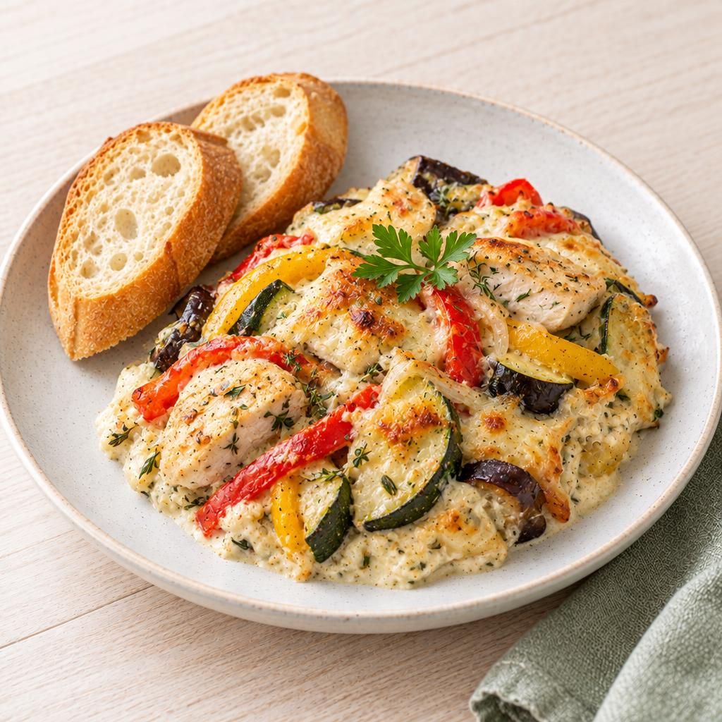Gemüsegratin mit Kräuterhähnchen und Baguette