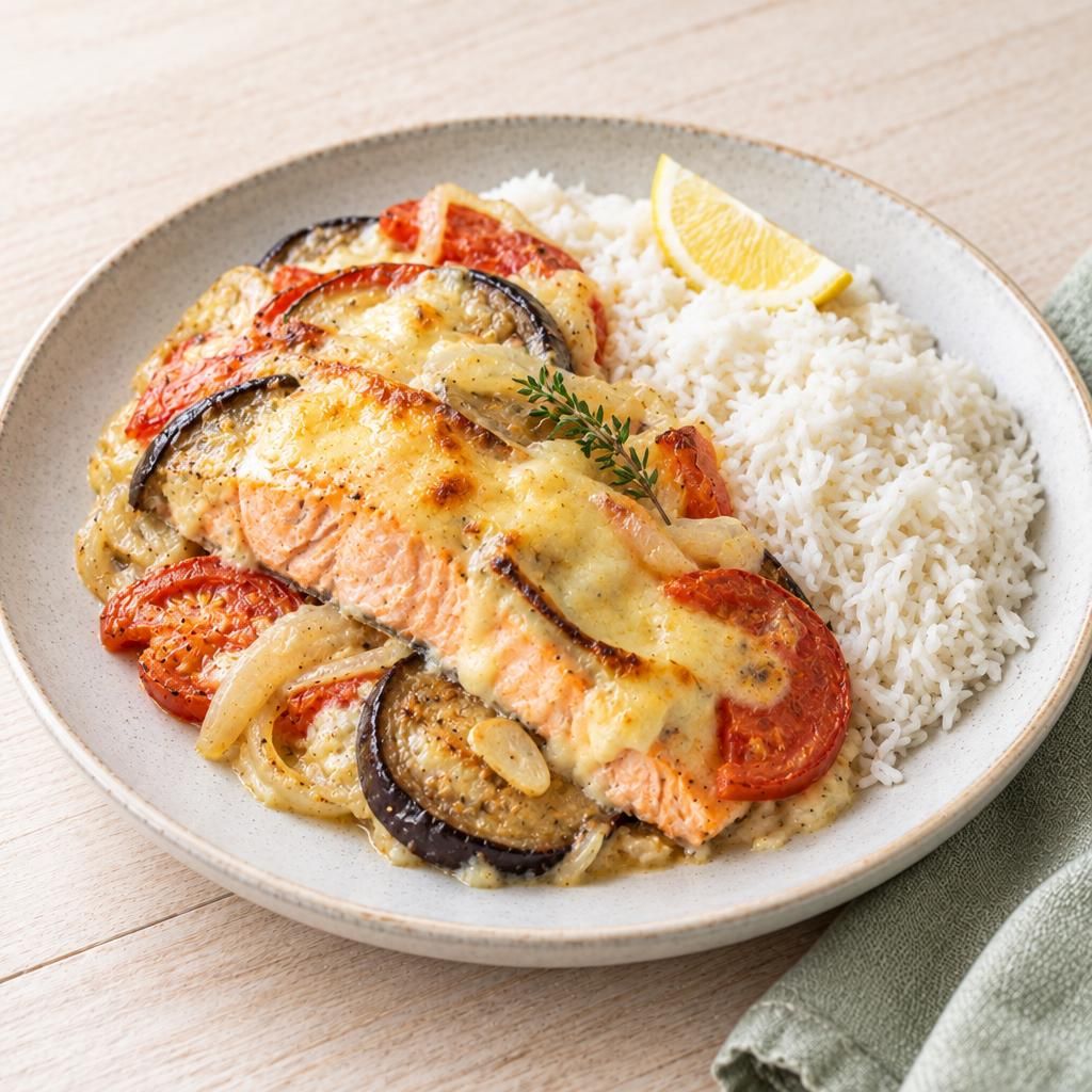 Pariser Lachs-Auberginen mit Reis