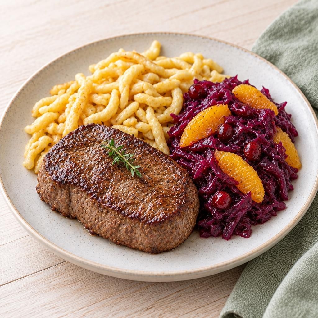 Rumpsteak mit Spätzle und Rotkohl