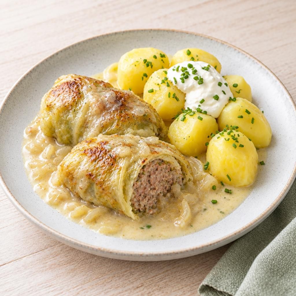 Kohlrouladen mit Weißwein-Soße und Salzkartoffeln