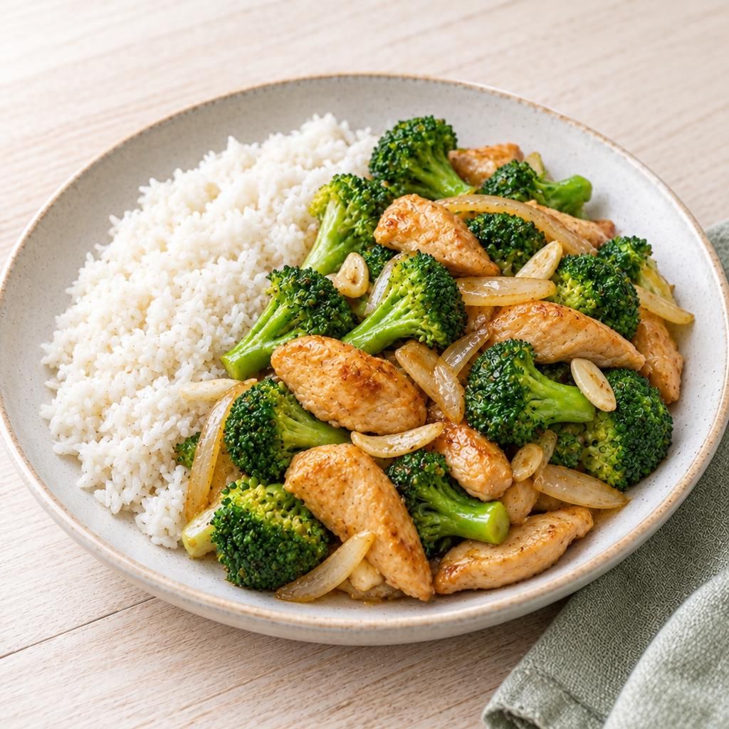 Hähnchen-Wok mit Brokkoli und Reis