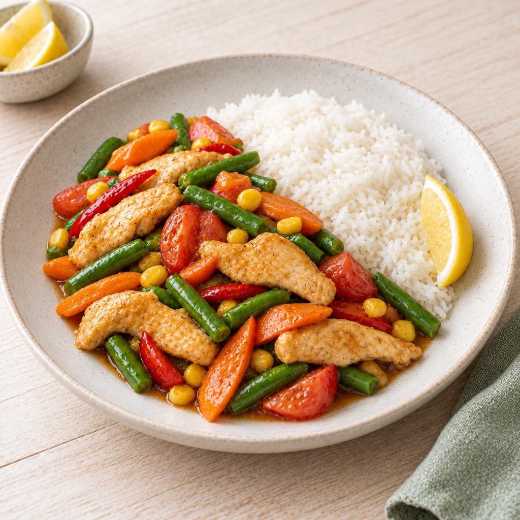 Asiatisches Hähnchen mit Gemüse und Reis
