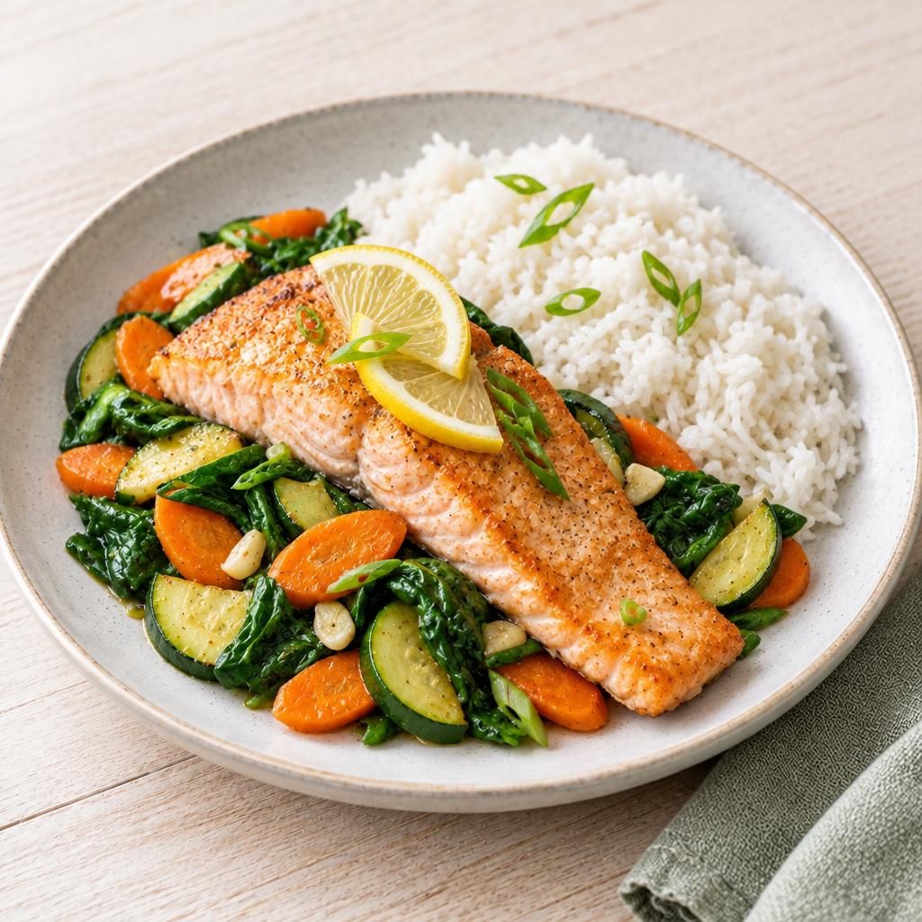 Lachs mit Gemüse und Reis