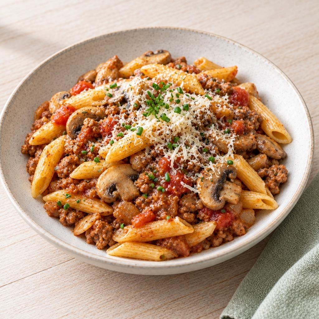 Penne mit Pilz-Hackfleisch-Sauce