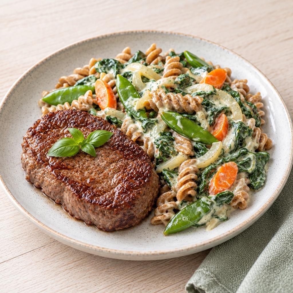 Rindersteak mit Spinat-Sahne-Nudeln