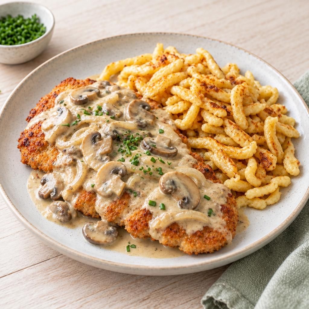 Pilz-Rahmschnitzel mit gebratenen Spätzle