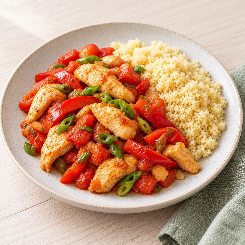 Hähnchen mit Paprika und Tomaten, dazu Couscous