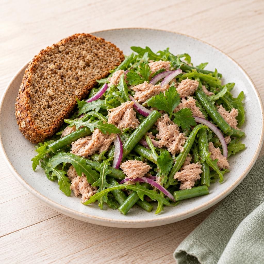 Salat mit Bohnen und Thunfisch, dazu Vollkornbrot