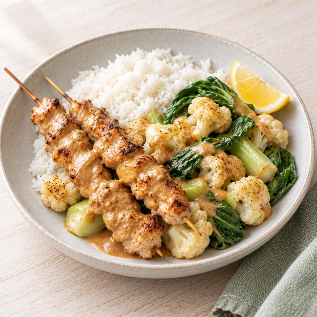 Saté-Spieße mit Blumenkohl und Pak Choi, dazu Reis