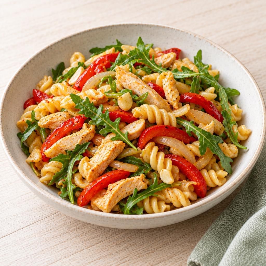 Nudelsalat mit feuriger Pute