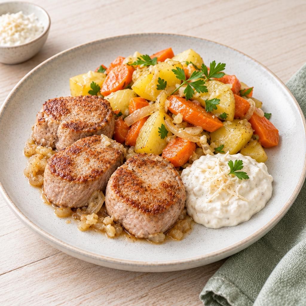Schweinefilet mit Meerrettich-Dip und Ofenkartoffel-Salat