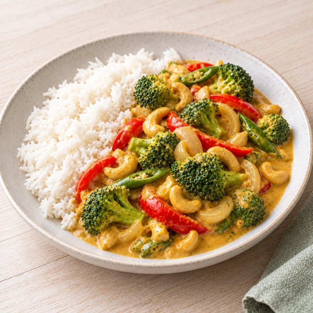 Cashew-Brokkoli-Curry mit Reis