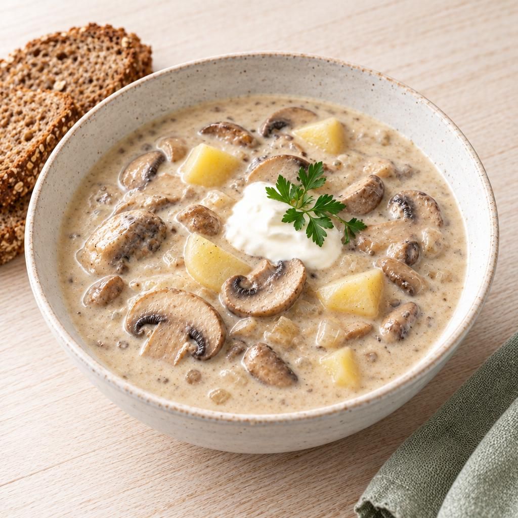 Cremige Pilzsuppe mit Vollkornbrot
