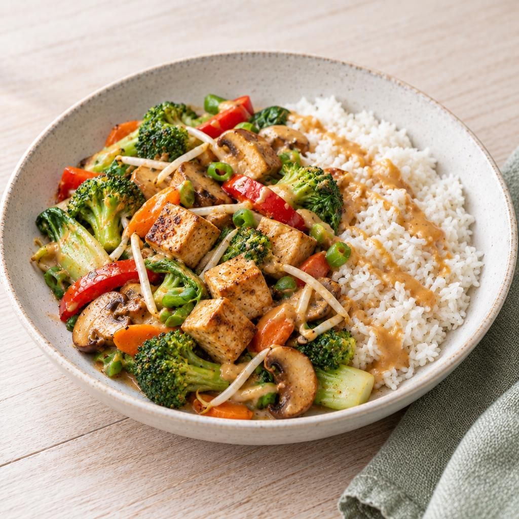 Asiagemüse mit Räuchertofu vom Blech und Reis
