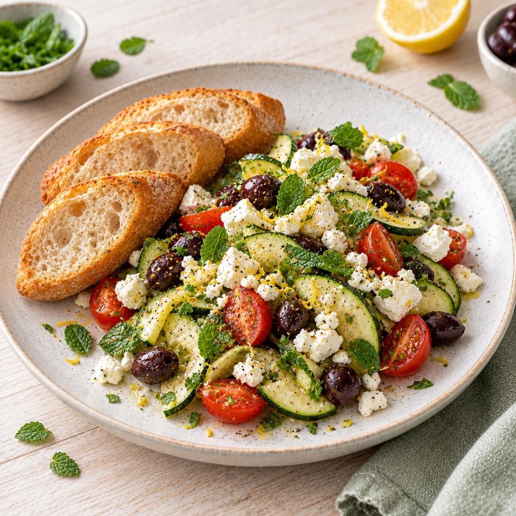 Zucchini-Feta-Salat mit Baguette