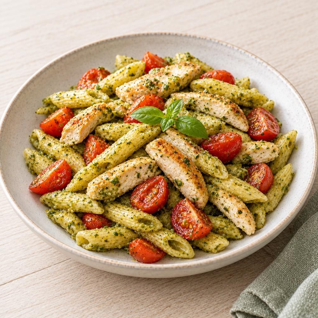 Hähnchen-Pesto-Nudeln mit Tomaten