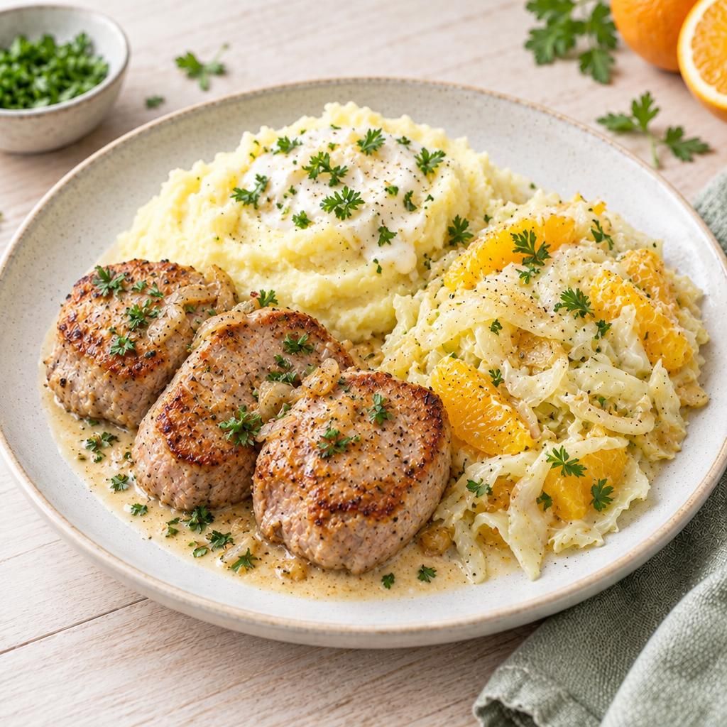 Schweinemedaillons mit Kartoffelpüree und Kohl-Orangen-Gemüse