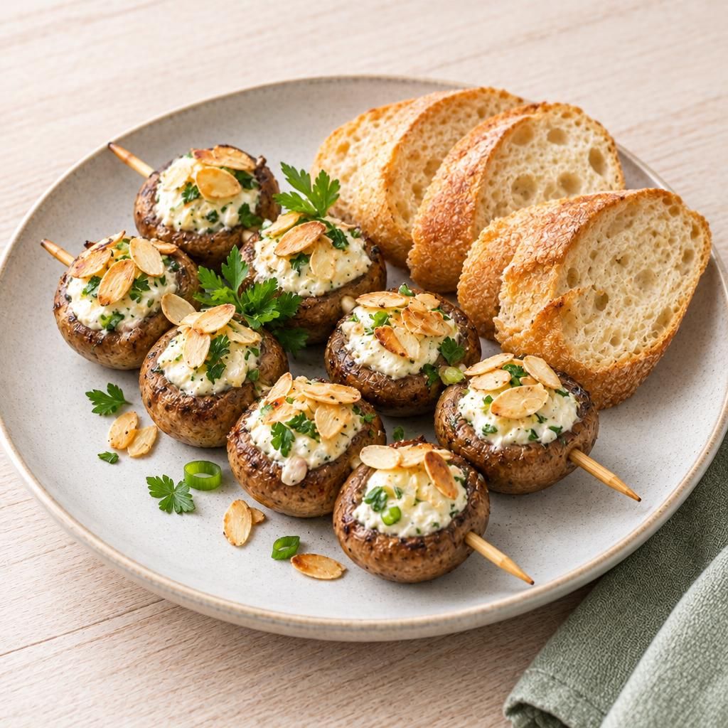Pilzspieße mit Füllung und Baguette