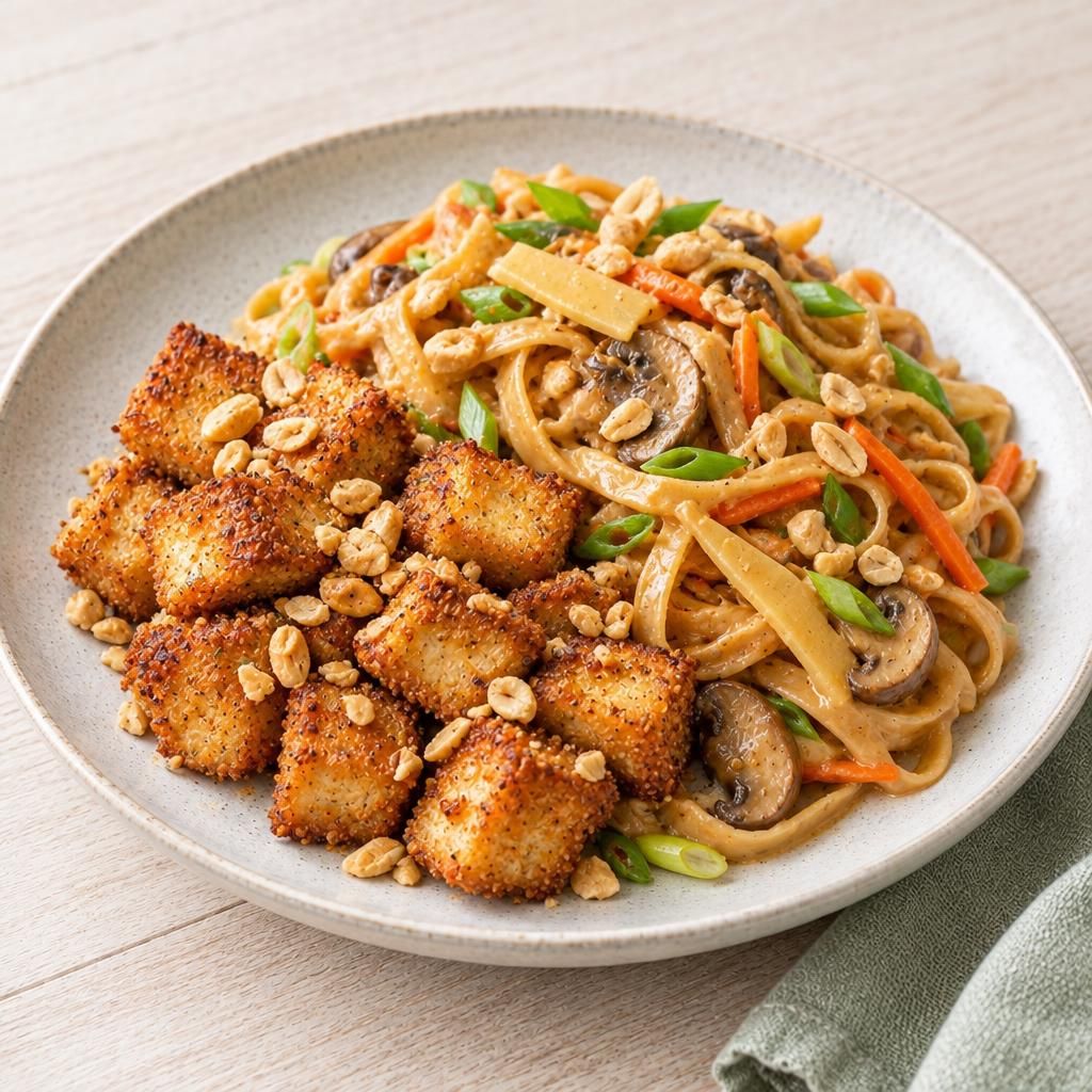 Knuspriger Soja-Tofu mit Erdnuss-Nudeln
