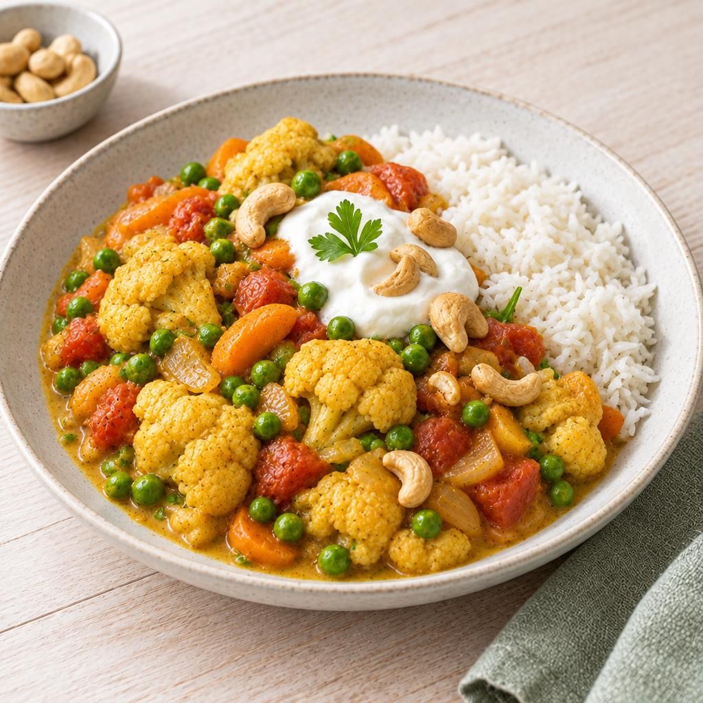 Blumenkohl-Erbsen-Curry mit Reis