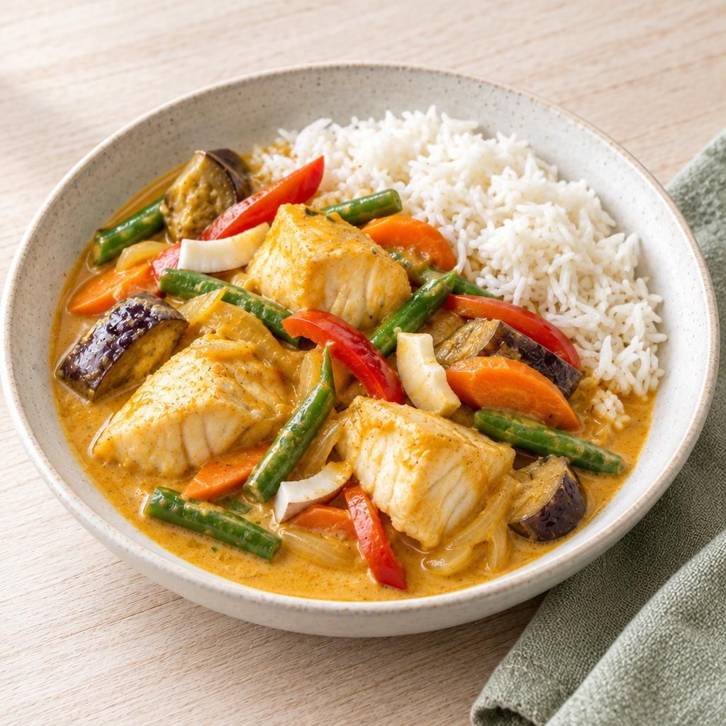 Indisches Fisch-Curry mit Reis